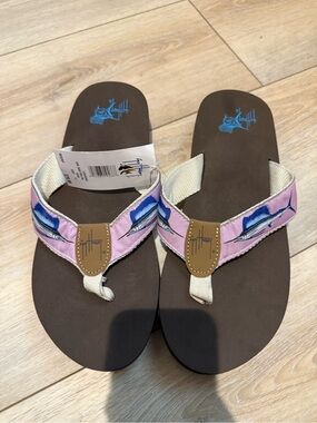 Guy Harvey Pink Blue Marlin Embroidered Brown Flip Flop Sandals